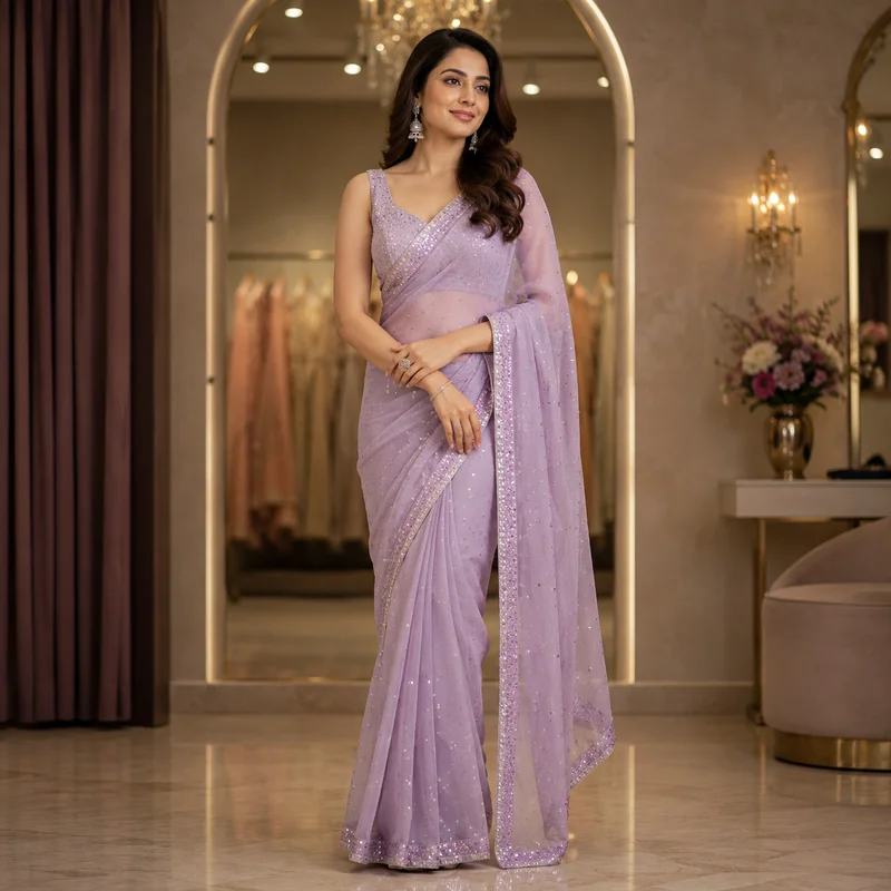 Lavender Party Saree available through Paridhan Garments