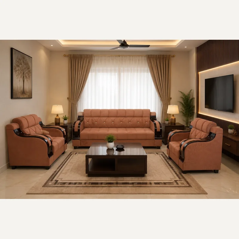 Peach Wooden-Arm Sofa Set - A1 Traders Furniture