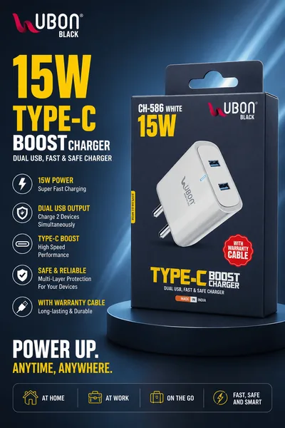 Ubon Black CH-586 15W Type-C Boost Charger with Cable available through Vinod Mobile Repairing