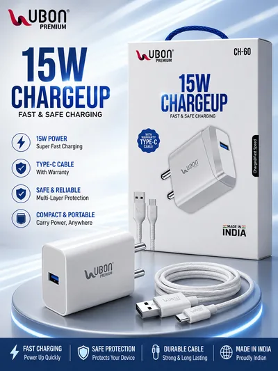 Ubon Premium CH-60 15W ChargeUp Charger with Type-C Cable available through Vinod Mobile Repairing